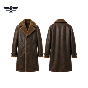 Veste de moto pour homme en cuir PU marron longue et ajustée, doublure en fausse fourrure, col montant, coupe-vent, style vintage, fermeture éclair - Product Image 6