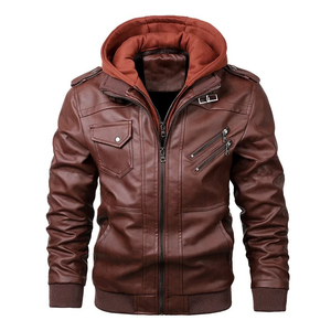 Chaqueta de moto con capucha de cuero PU marrón para hombre, con cierre de cremallera y bolsillos, estilo otoñal, corte ajustado - Product Image 1