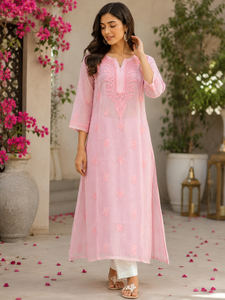 Kurta de Algodón Rosa Pálido con Bordado Chikankari para Mujer, Compre Directamente del Proveedor - Product Image 1