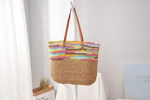 Brighten your summer wardrobe with this chic Natural yarn bag featuring a solid brown body and colorful striped <b>top</b> trim now - Product Image 2