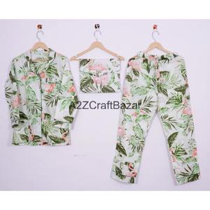 Ensemble de pyjama pour femmes imprimé floral de luxe fait à la main, 100% coton, taille élastique, manches longues, vêtements de nuit d'été, doux et respirant - Product Image 6