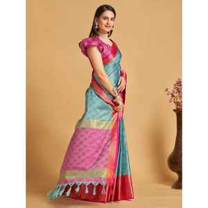 SAREE DE TRAVAIL À LA MODE EN SOIE DOUCE IMPRIMÉ ZARI AVEC CHEMISIER INCOSÉ CIEL - Product Image 2