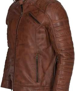 Blouson moto homme marron en PU écologique teint en pièce, col montant, fermeture éclair, coupe droite, pour l'hiver, couleur unie, style motard - Product Image 1