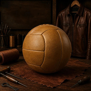 Balón de fútbol de cuero genuino vintage con acabado artesanal, costuras premium, decoración deportiva, en venta a bajo precio. - Product Image 1