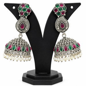 Mejor Precio al por Mayor, Pendientes Clásicos de Plata Oxidada con Circonita, Jhumka de Bollywood, para Bodas, Proveedor Directo de Fábrica - Product Image 1