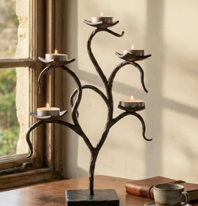 Custom Antique Bronze Iron Tree Branch <b>Tealight</b> <b>Holder</b> Organic Sculptural 5Light Metal Vine Candle Stand for Dining Table - Product Image 1