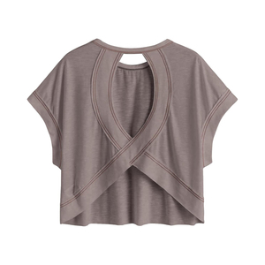 Top Corto de Mujer Azul Claro de Color Sólido con Manga Casquillo, Espalda Cruzada Asimétrica, Tejido Transpirable y Ajuste Holgado para Primavera Verano - Product Image 5
