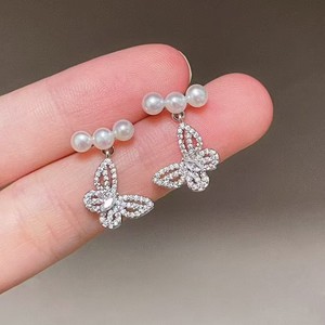 2025 New High-End Luxury Silver <b>Dangle</b> <b>Earrings</b> for Women Full Diamond Hollow Butterfly <b>Pearl</b> Unique Fashion Accessory - Product Image 1