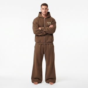 High Quality Men Cotton Fleece Tracksuit Custom Two Piece Set Full Zip Hoodie Wide Leg <b>Jogger</b> <b>Oversized</b> Fit - Product Image 2