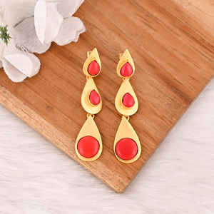 Natural <b>Red</b> Coral Brass Gold Plated Bezel Setting <b>Drop</b> <b>Earrings</b> Trendy Handmade Jewelry Shilpi Impex for Women - Product Image 3