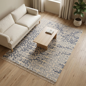 Tapis d'intérieur personnalisé en tissage plat bleu marine et ivoire avec franges pour hôtel, villa, salon - Product Image 4