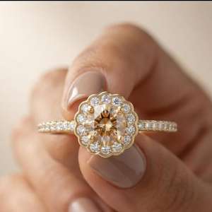 Anillo Floral con Halo de Diamantes Amarillos de Corte Redondo de 2.00CT, Cultivados en Laboratorio, Oro Sólido de 14k, Regalo Sorpresa para Enamorados - Product Image 3