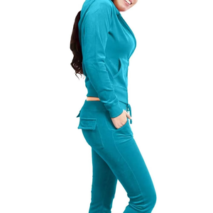 Ensemble de survêtement sportif en velours brillant doux polyester/coton de haute qualité pour femme, vente en gros, sweat à capuche zippé + pantalon de jogging - Product Image 4