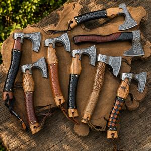 Juego de 8 hachas vikingas de acero al carbono forjadas a mano: Hacha nórdica Larp, regalo para novio - Product Image 1