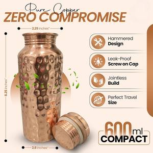 Bouteille d'eau en cuivre pur à 100 %, 600 ml (20 oz), gobelet anti-fuite, eau alcaline ayurvédique naturelle, bouteille en cuivre martelé - Product Image 4