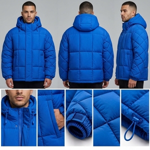<b>Mens</b> Reversible Puffer Jacket <b>Navy</b> Cream Two Tone Winter Coat Quilted Insulated High Collar Full Zip Outdoor Jacket - Product Image 2