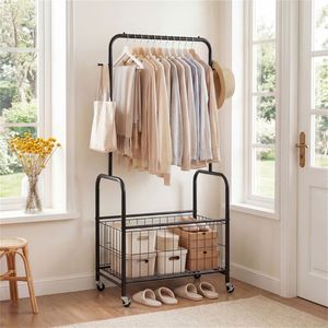 3-in-1 Black Metal Rolling Clothes Rack with <b>Storage</b> <b>Basket</b> and Hooks Organiser <b>for</b> Laundry Bedroom - Product Image 2