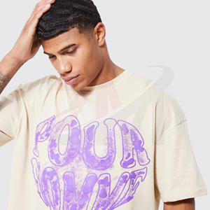 T-shirt en coton pour homme à imprimé violet, coupe classique, style streetwear décontracté, col rond, manches courtes - Product Image 3