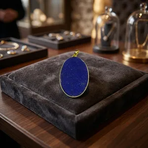 Pendentif ovale en lapis-lazuli naturel plaqué or, vintage, artisanal, bleu, bijoux de guérison, vente en gros - Product Image 4
