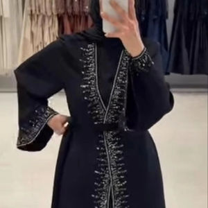 Abaya Azul Pizarra para Mujer, Diseño Moderno y Chic, Textura Acanalada Vertical, Vestido Islámico Modesto, Estilo Dubái - Product Image 2