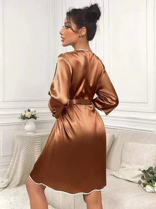 Camisón de Satén Estilo Europeo para Mujer, Ropa de Dormir Primavera/Verano, Bata Fina de Seda, Pijama de Seda, Color Sólido, Camisón Sexy - Product Image 4