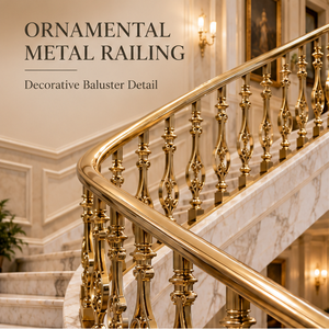 Curved Gold Tone Ornamental Metal <b>Stair</b> <b>Railing</b> with Loop Balusters for Villas Hotels and Elegant Interiors - Product Image 1