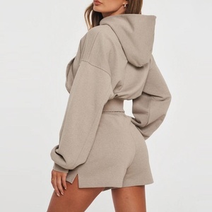 <b>Women</b> 2 Piece Hoodie <b>Shorts</b> Set Solid Color Casual Loose Fit Spandex Sweatshirt Pocket <b>Knee</b> <b>Length</b> Winter High Street Breathable - Product Image 3