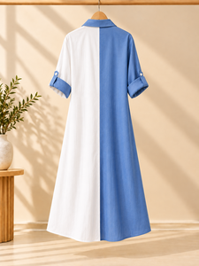 Vestido Casual Maxi Holgado de Verano para Mujer, con Bloques de Color en Contraste, Ecológico, Lavable, Cuello Camisero, Manga Larga, Tejido Transpirable - Product Image 3