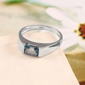 Blue Topaz Men's Unisex Engagement <b>Ring</b> 925 Sterling <b>Silver</b> 14k Gold Plated <b>Emerald</b> Cut Bezel Setting Luxury Gemstone - Product Image 4