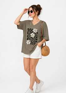 เสื้อยืดผู้หญิงฤดูร้อน สีกรมท่า ผ้าฝ้ายนุ่ม สวมใส่สบาย แขนสั้น ระบายอากาศได้ดี คุณภาพสูง ปรับแต่งได้ คอวี ไหล่ตก ลายดอกไม้ - Product Image 3