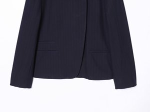 Women's Navy <b>Pinstripe</b> Blazer Set Mandarin Collar Single Button Long Sleeve Pants <b>Suit</b> Autumn Wear Anti Wrinkle Woven Fabric - Product Image 3