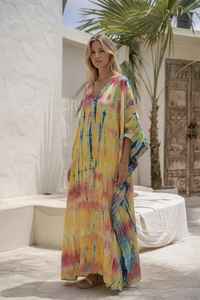 Women <b>Boho</b> Yellow Multicolor Tie Dye Cotton Maxi <b>Dress</b> Beach <b>Summer</b> Vacation Long <b>Dress</b> - Product Image 5