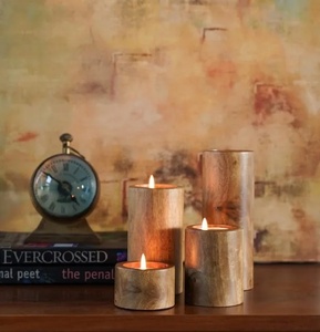 Rustic Wooden <b>Candle</b> Stand <b>Set</b> of 2 Natural Wood Cylindrical Votive Holders 3 and 6 Inch Home Decoration - Product Image 6
