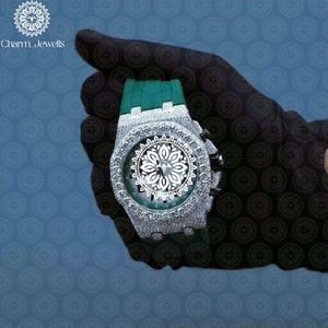 Charm_Jewells Montre de luxe pour homme en acier inoxydable, bracelet en silicone vert, 42 mm, analogique, quartz, cristal saphir, boîtier en diamant - Product Image 4
