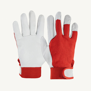 Gants de travail en cuir blanc avec dos tricoté rouge, bouts des doigts antidérapants, poignet élastique, sans latex, gants de sécurité - Product Image 1