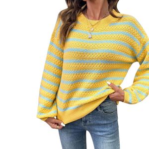 Custom Knitted Striped Women Sweaters Yellow Blue Drop Shoulder Lantern Sleeve Crewneck Breathable Soft Acrylics <b>Jumpers</b> - Product Image 3