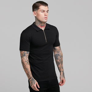 Polo à manches courtes pour homme, coupe ajustée, noir, avec col zippé, design uni en tricot décontracté - Product Image 4