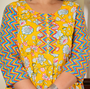 Floral Printed Rayon Women's sets Plus Size <b>Maternity</b> Anarkali <b>Dress</b> 3/4 Sleeves Round Neck <b>Yellow</b> Casual Pregnancy Ethnic Wear - Product Image 1