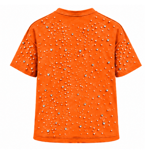 Unisex <b>Bright</b> Orange Pearl Studded <b>T</b> <b>Shirt</b> Stylish Crew Neck Short Sleeve Pearl Embellished Tee for Streetwear and Party Fashion - Product Image 2