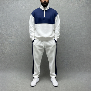High Quality Men's Color Blocking Tracksuit Set White Navy Full Sleeve Turn-<b>down</b> Collar Casual Regular Fit Autumn Polyester Cott - Product Image 1
