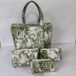 Green Botanical Print Quilted Cotton Handbag Tote Cosmetic Bag Set Women Travel Storage Organizer - Product Image 2