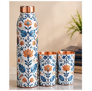 Juego de Botellas de Agua de Cobre de Diseño Bohemio con Diseño de Mandala Azul, Botellas Portátiles para Viaje con Tapas - Product Image 4
