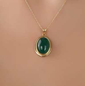 Collier ovale en agate verte, pierre précieuse, argent sterling 925, plaqué or 14 carats, pendentif certifié IGI, bijou cadeau pour enfants - Product Image 1