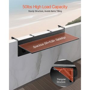 Table pliante pour balustrade de balcon 12 x 59 pouces, table de bar extérieure pour balustrades, capacité de charge de 50 lb, table suspendue pour balcon - Product Image 3