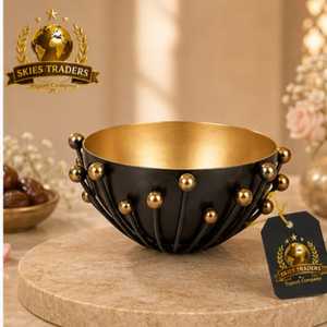 <b>Matte</b> Black & Gold Metal Bowl Spiked Ball Accent Frame Fruit Bowl Modern <b>Table</b> Centerpiece Serving Bowl Luxury Tableware - Product Image 1
