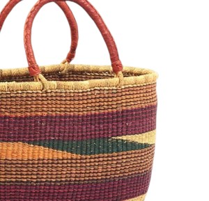 Bolso de mano de paja tejida a rayas color burdeos personalizado con asa de cuero, estilo casual de moda para mujer, OEM - Product Image 3