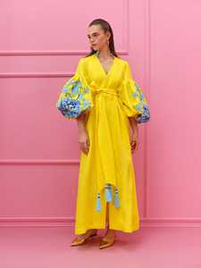Women <b>Boho</b> Embroidered Cotton Maxi <b>Dress</b> Yellow Floral Puff Sleeve Tie Waist Tassel Ethnic Style Long <b>Summer</b> <b>Dress</b> - Product Image 3