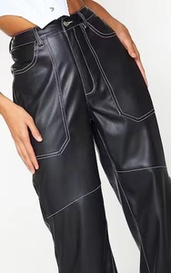 Fashion New <b>Vintage</b> Streetwear Loose Straight Ladies Trouser Solid Color Elastic Waist Wide Leg Pu Leather <b>Cargo</b> Pants Women - Product Image 5