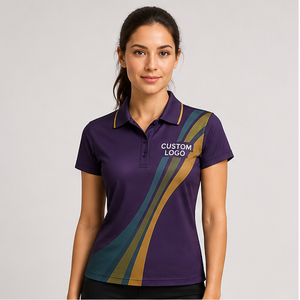 Custom Plum Teal <b>Gold</b> <b>Ribbon</b> Stripe Womens Polo Shirt Quick Dry Breathable Short Sleeve Performance Golf Team Uniform WPS-0883 - Product Image 1