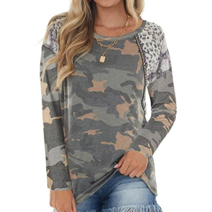 Women's Camouflage <b>Patchwork</b> V-Neck Long Sleeve T-Shirt Loose Fit Casual <b>Top</b> Spring Summer Wear - Product Image 1